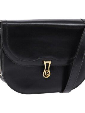 Authentic Christian Dior Shoulder Bag Leather Black Gold